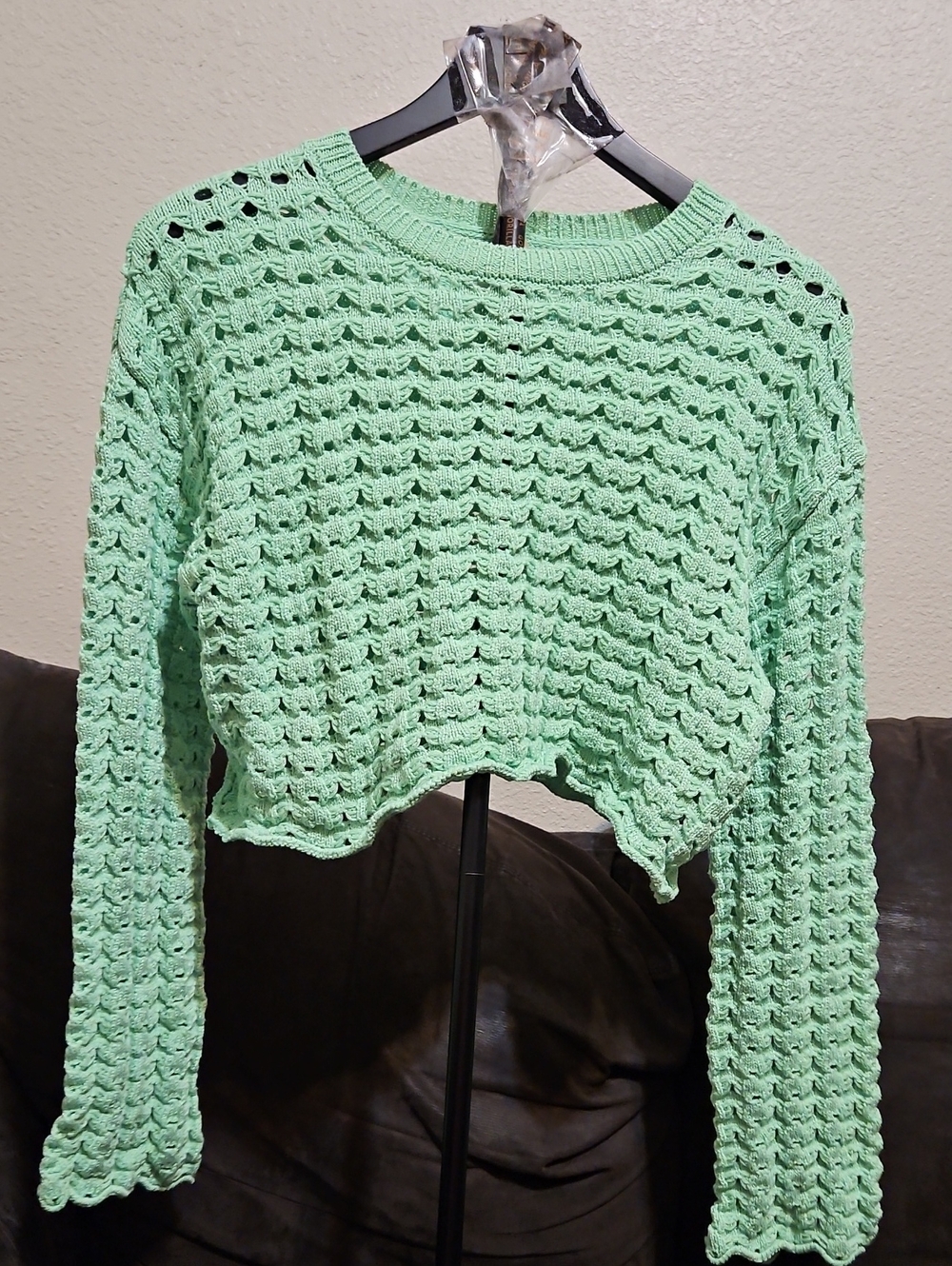 Zara Mint Green Cropped Open-Weave Crewneck Cropped Sweater